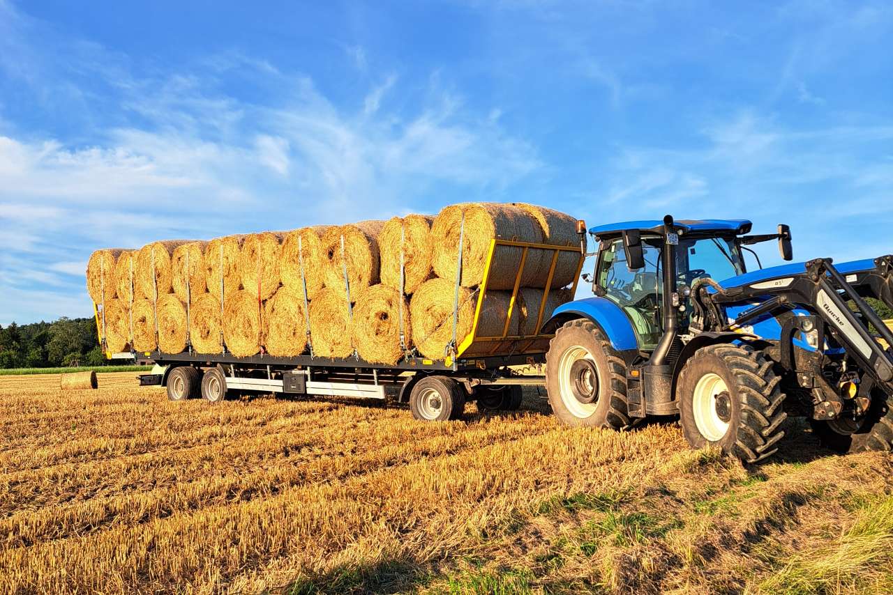 New Holland Traktor T7.210 Transportarbeiten von Stroh Rundballen auf einem Auflieger, der durch ein Stoppelfeld gezogen wird.